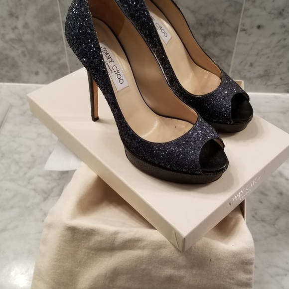 Jimmy Choo Navy Glitter Peep Toe Heels, Platform - Picture 2 of 5